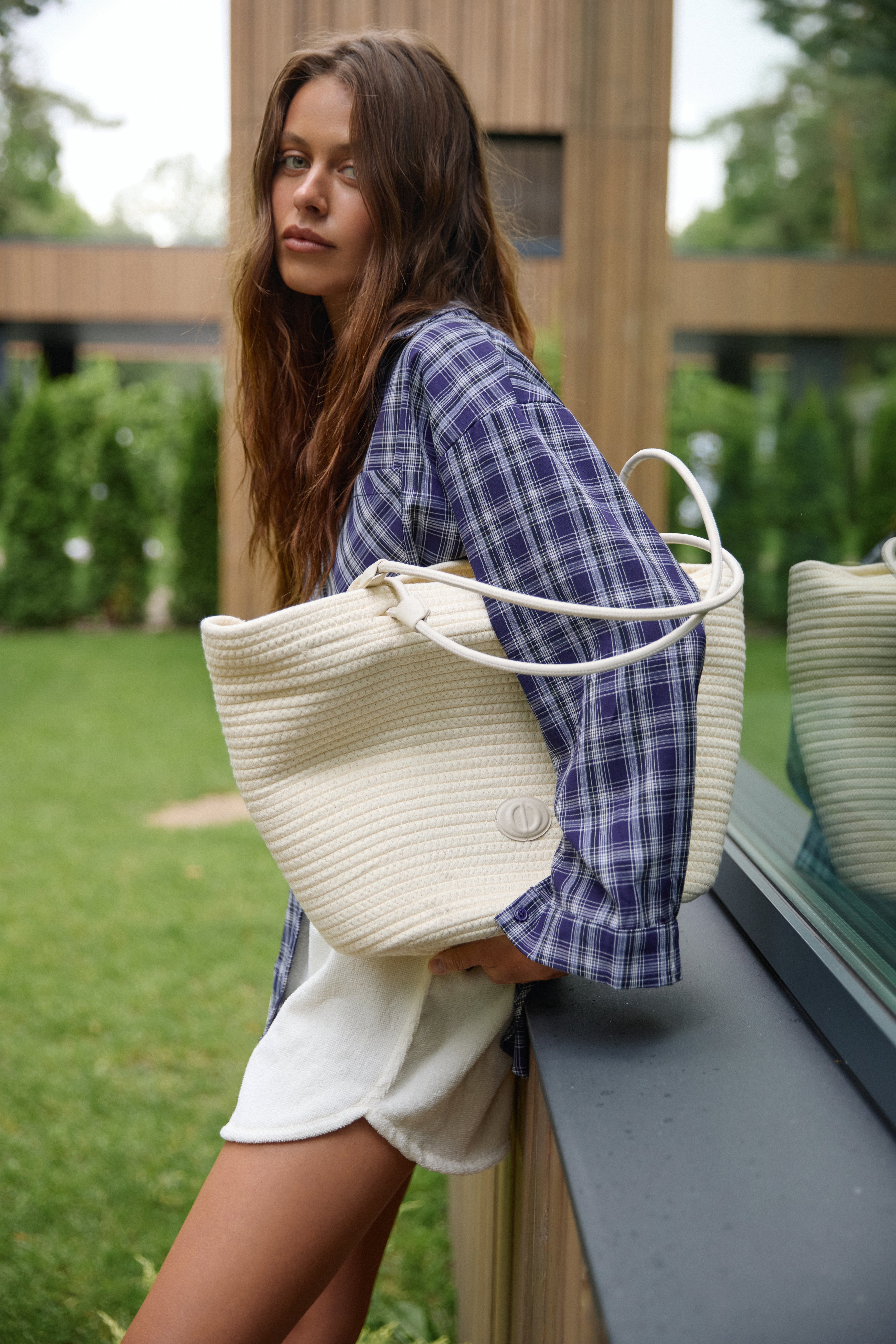Women's Cream Beige Textile Shopper Bag with Straw Texture Estro ER00119665