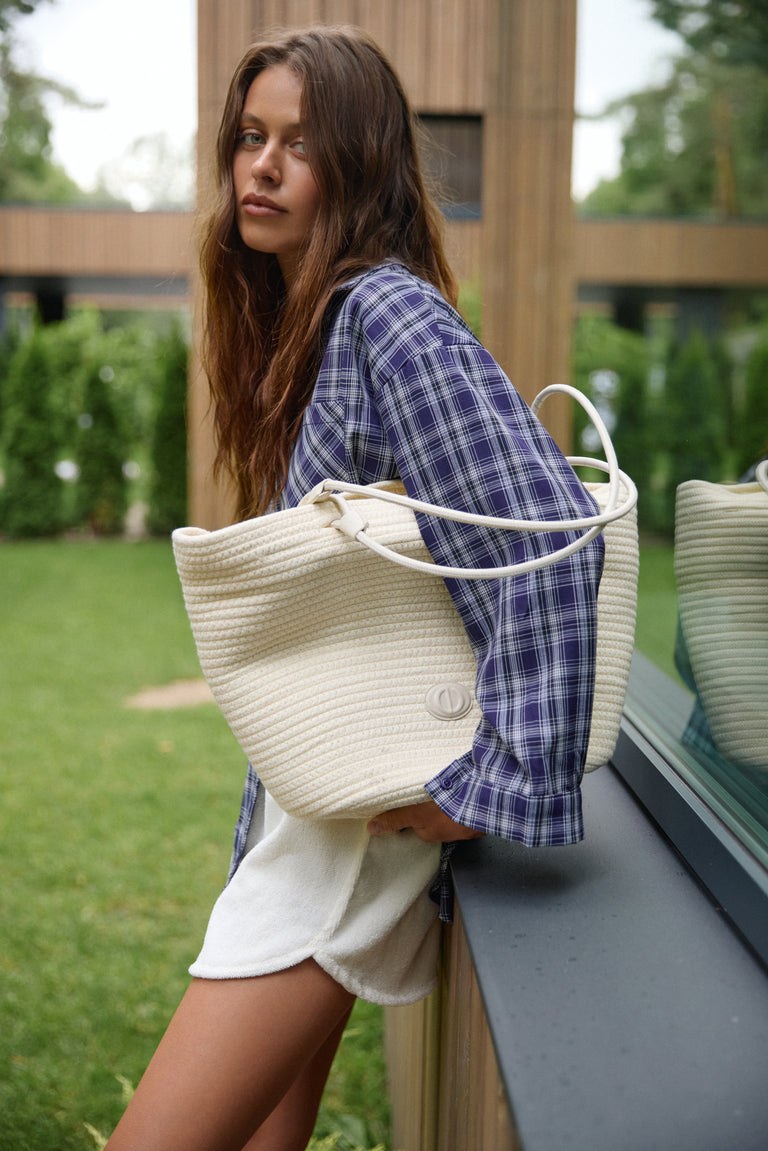 Women's Cream Beige Textile Shopper Bag with Straw Texture Estro ER00119665