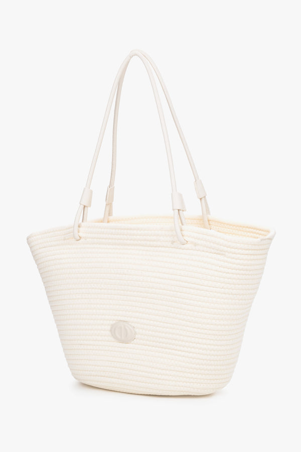 Women's cream beige textile shopper bag by Estro, front view