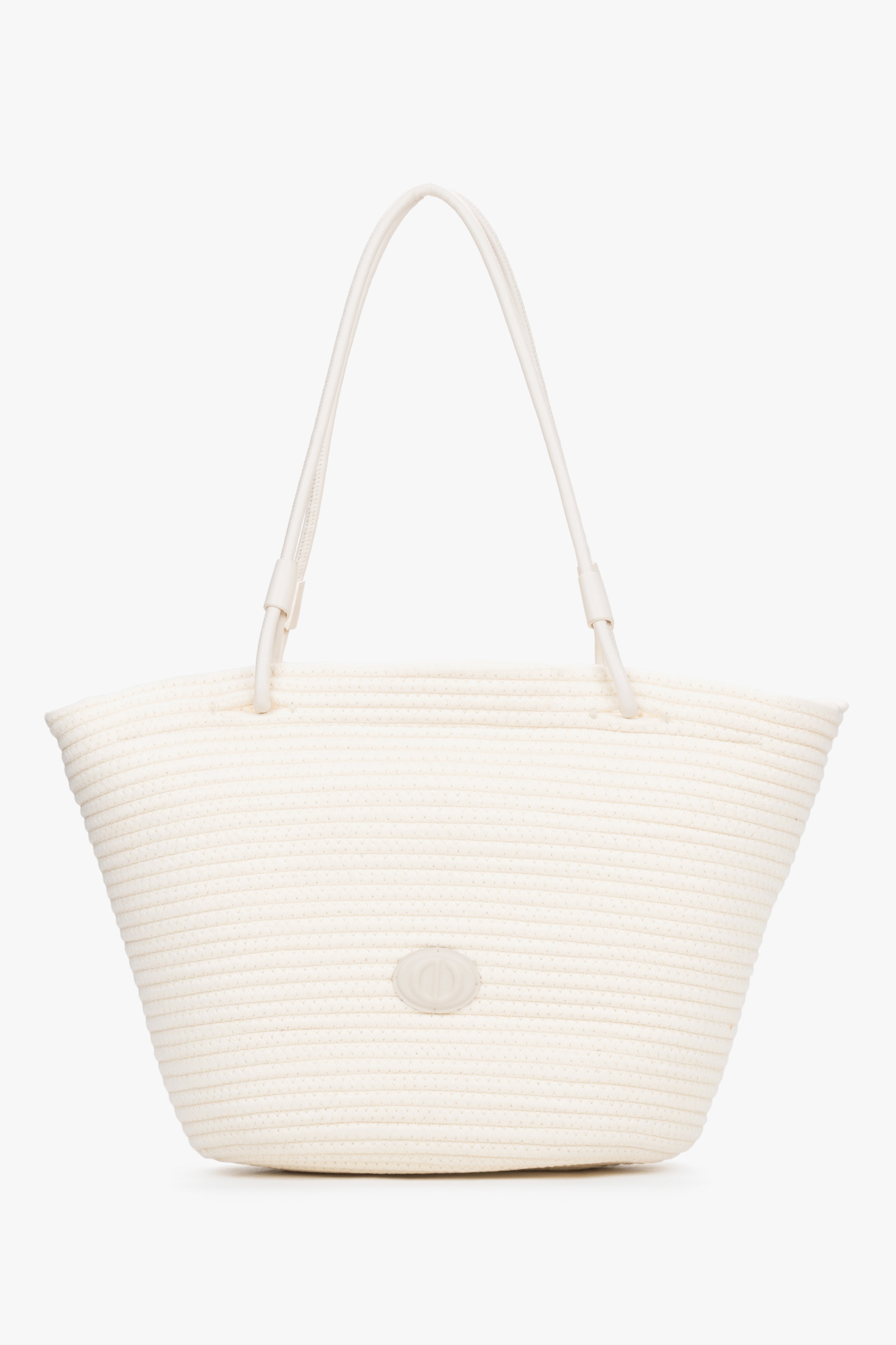 Front view of women's cream beige shopper bag with woven texture