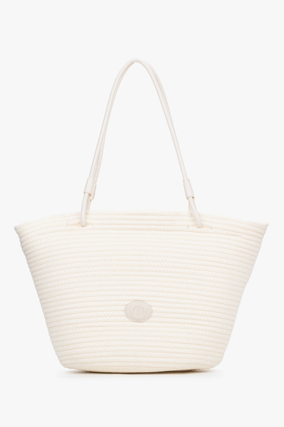 Front view of women's cream beige shopper bag with woven texture