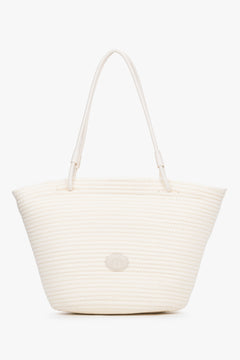Front view of women's cream beige shopper bag with woven texture