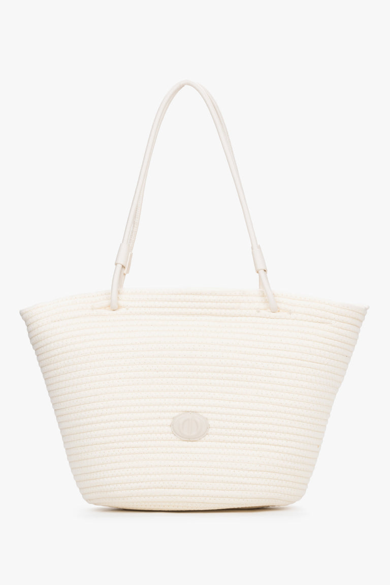Front view of women's cream beige shopper bag with woven texture