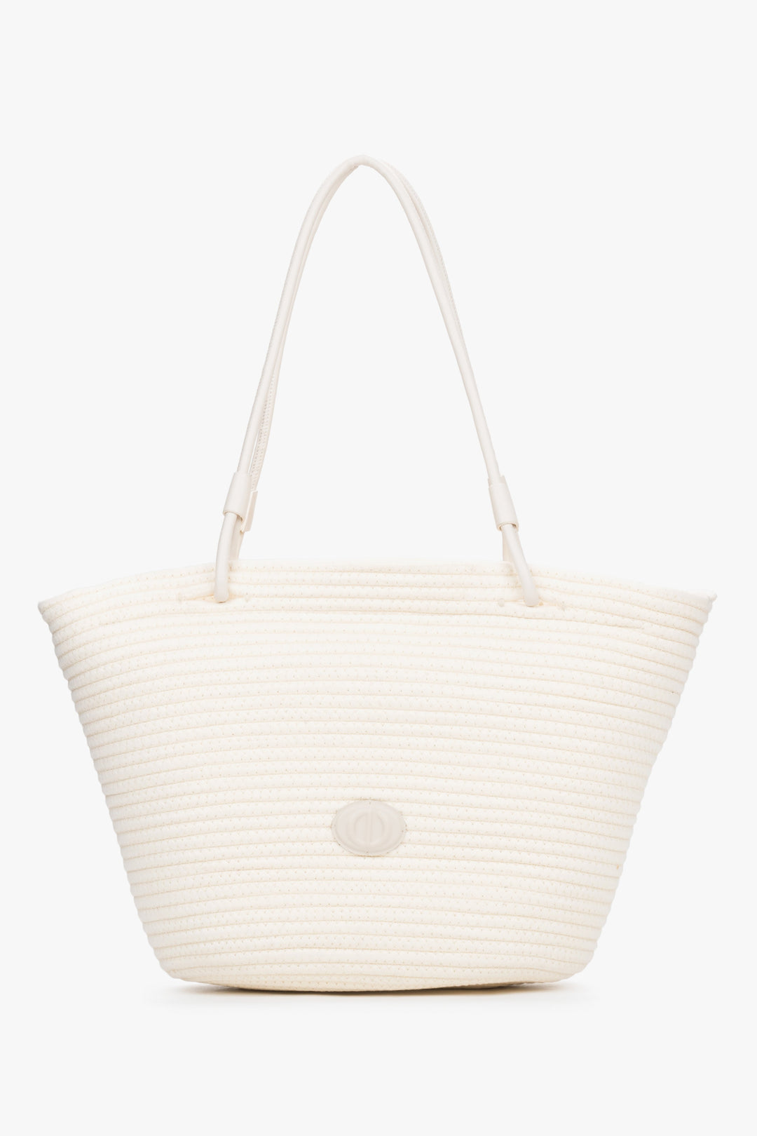Front view of women's cream beige shopper bag with woven texture