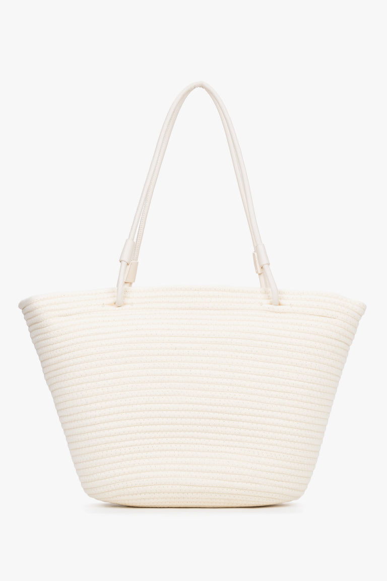 Side view of women's cream beige textile shopper bag by Estro