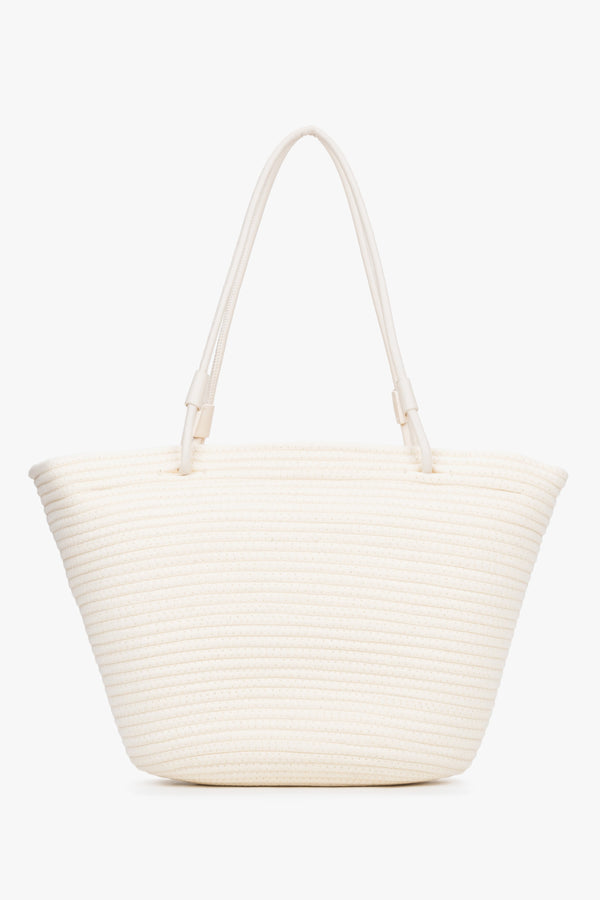 Side view of women's cream beige textile shopper bag by Estro