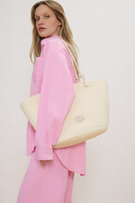 Women's Cream Beige Textile Shopper Bag with Straw Texture Estro ER00119665