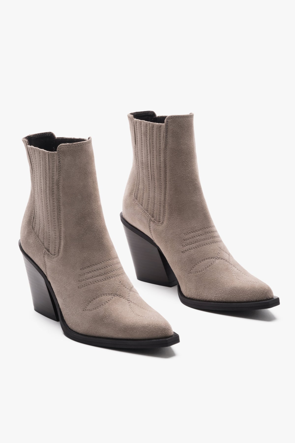 Women's dark beige cowboy boots made of premium Italian genuine suede on a block heel.