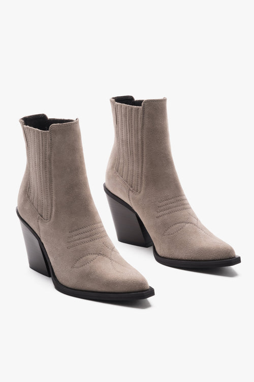 Women's dark beige cowboy boots made of premium Italian genuine suede on a block heel.