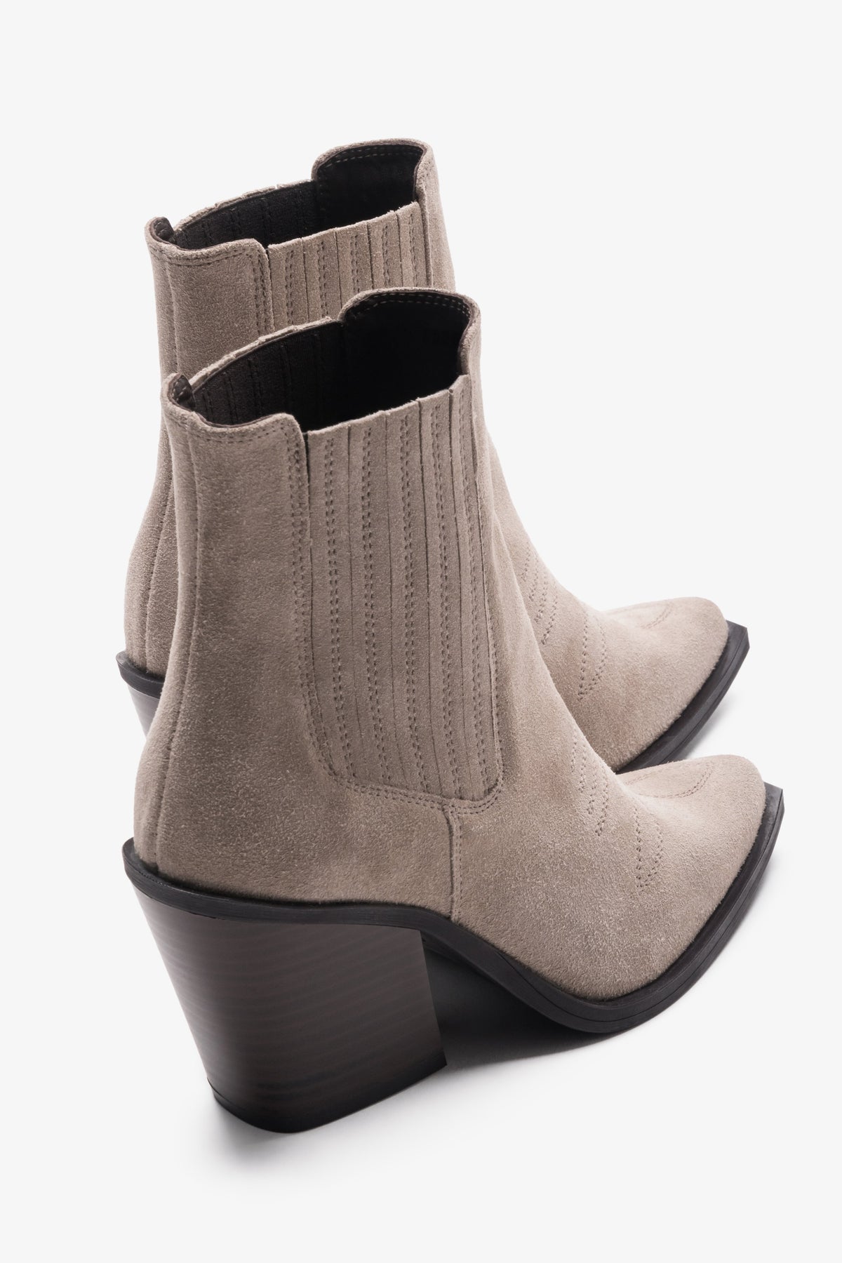 Women's dark beige cowboy boots made of premium Italian genuine velour leather on a block heel.