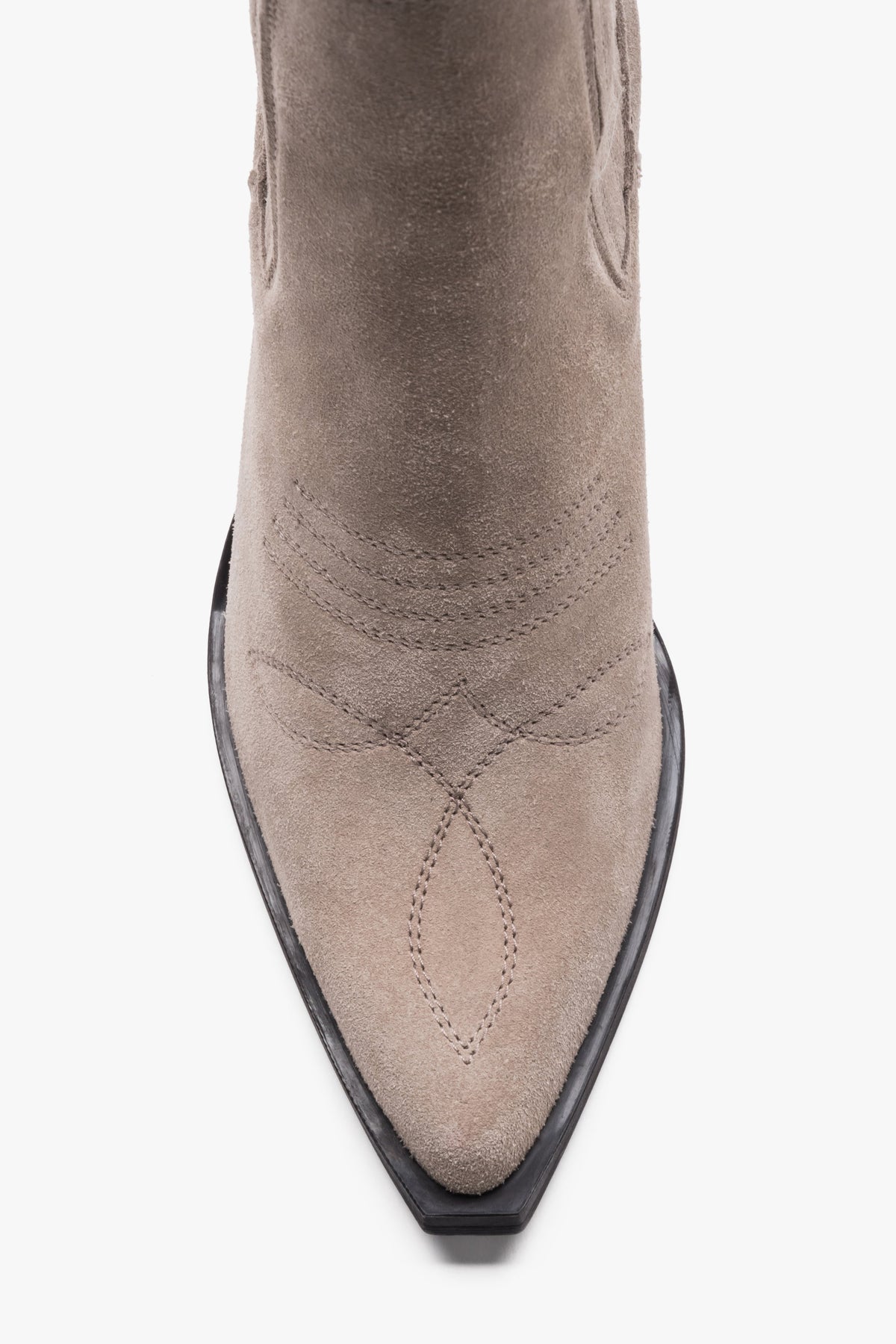 Premium Italian natural velour dark beige cowboy boots for women on a stable heel.