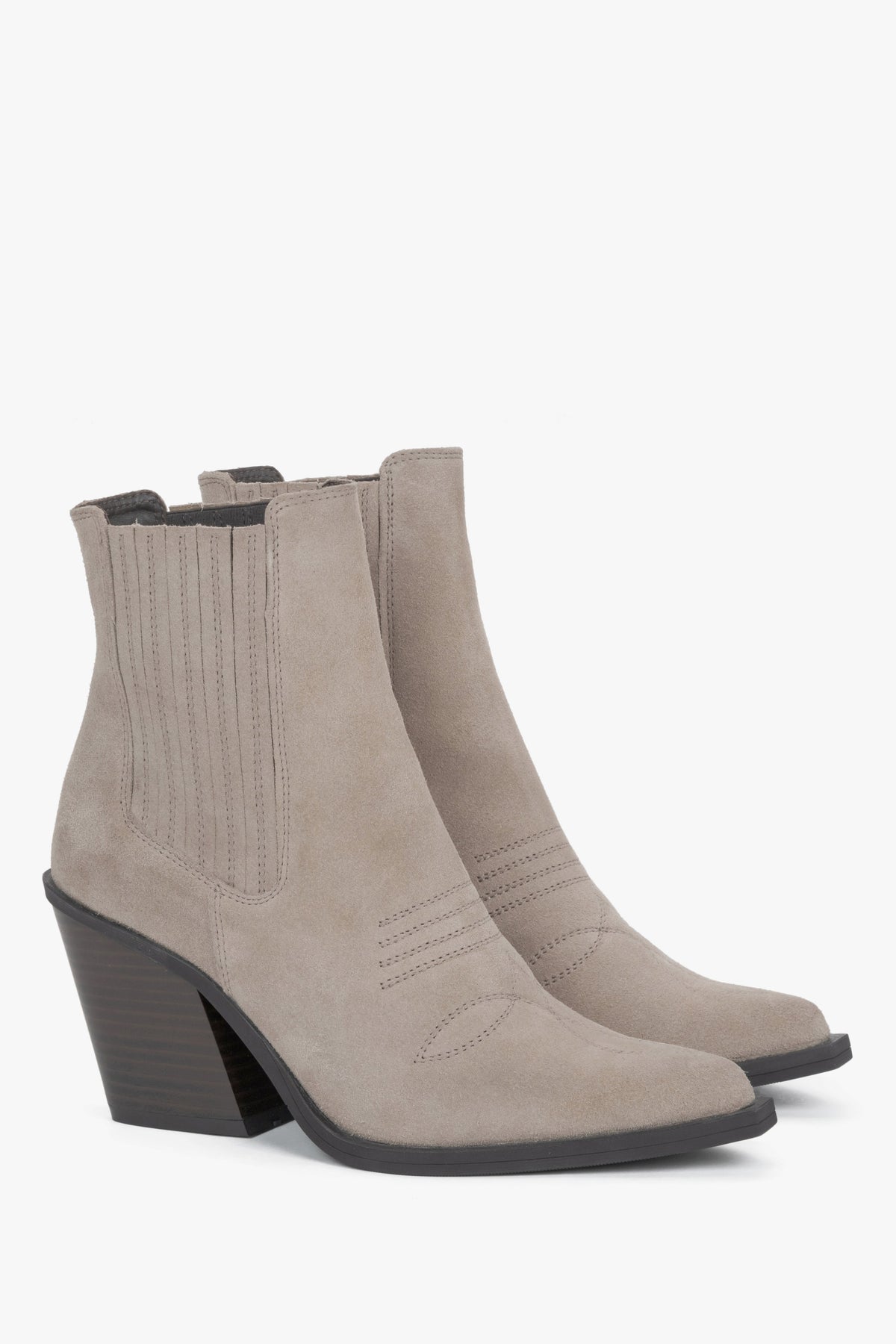Premium Italian velour leather women's cowboy boots in dark beige with a stable block heel.
