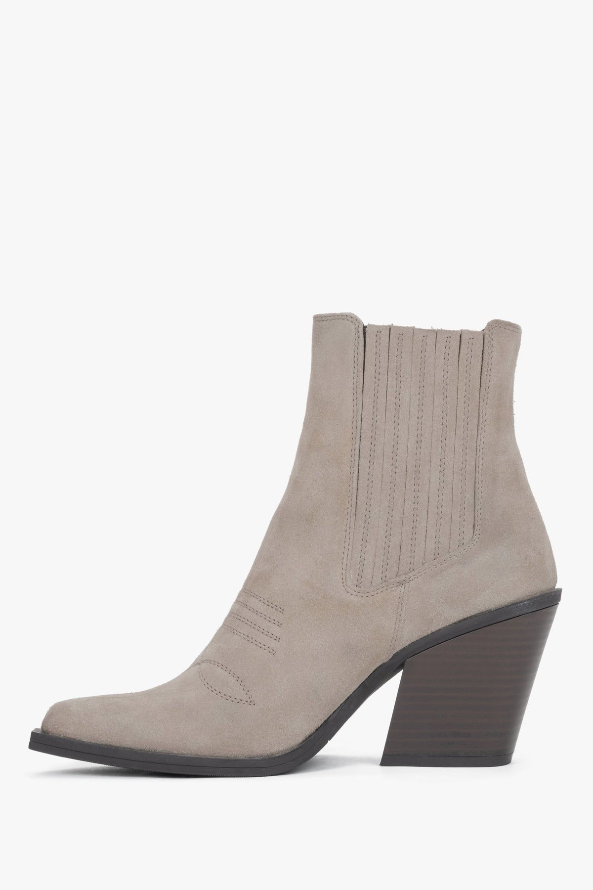 Dark beige natural velour leather boots in western cowboy style for women.