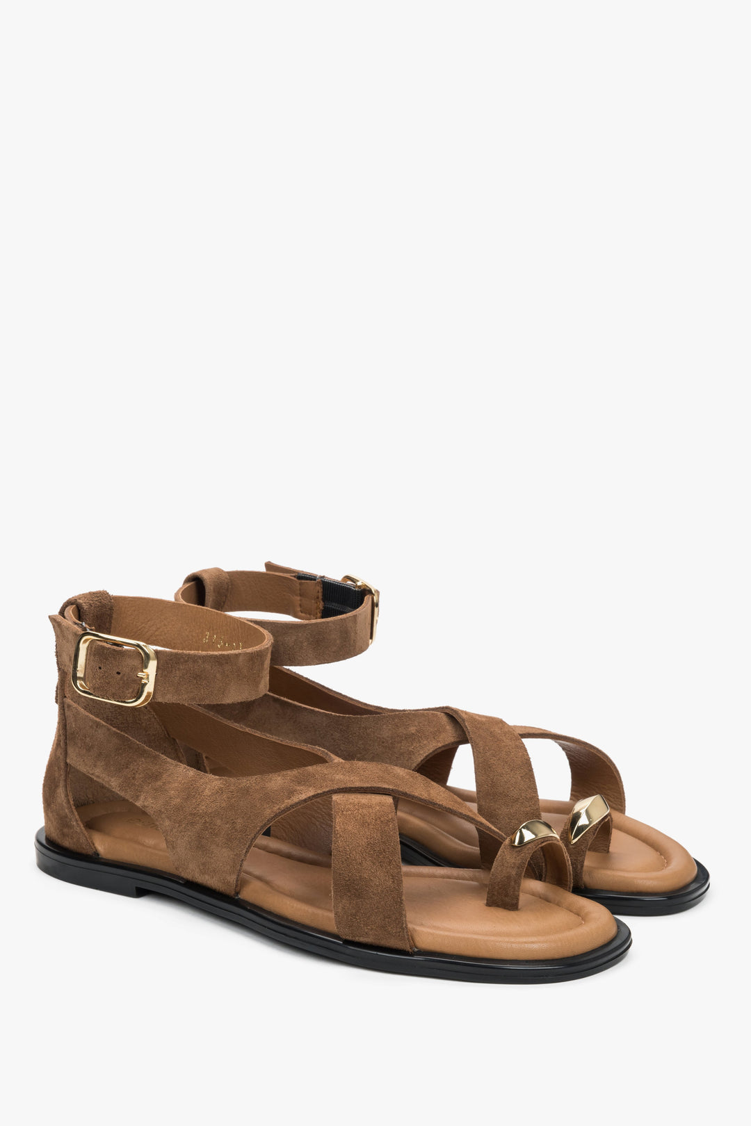 Dark beige women’s velour sandals with a gold toe ring detail.