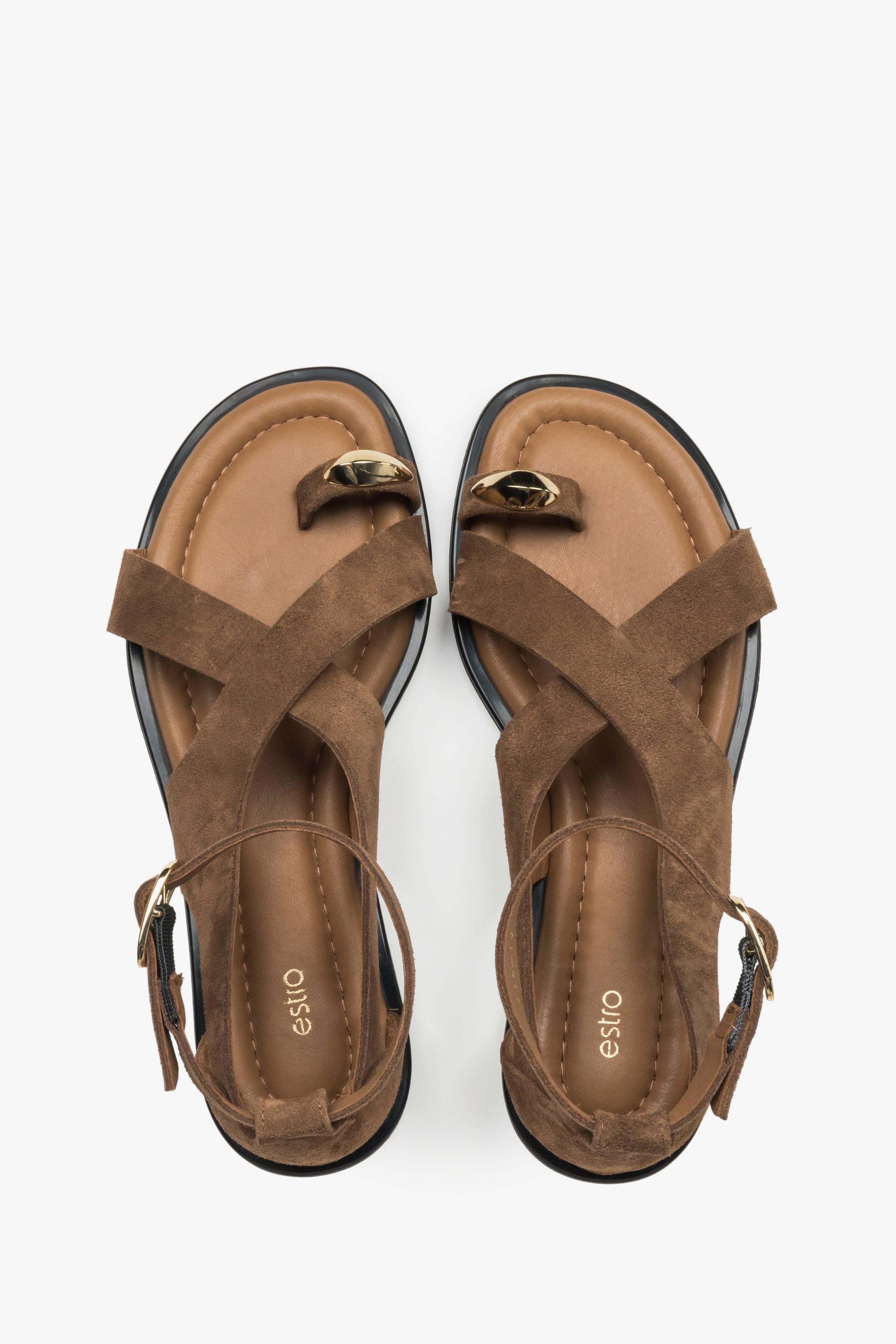 Top view of dark beige Estro women’s velour sandals featuring a gold toe ring detail.