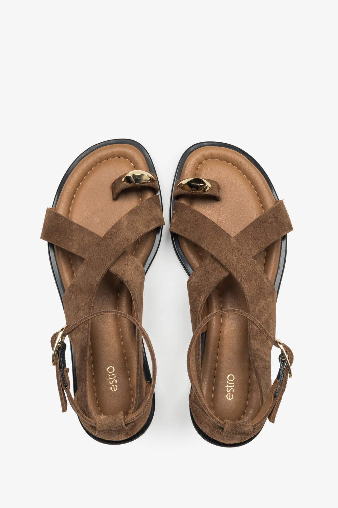 Top view of dark beige Estro women’s velour sandals featuring a gold toe ring detail.