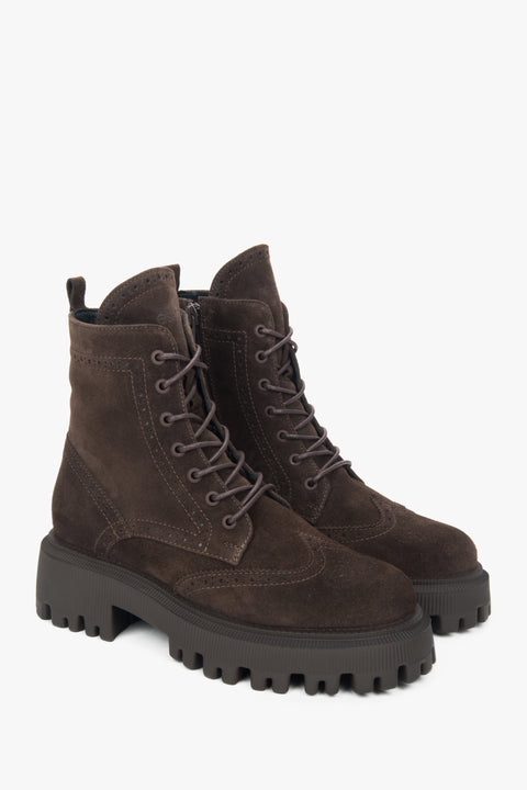 Women's Dark Brown Ankle Boots with Laces made of Genuine Velour Estro ER00117903.