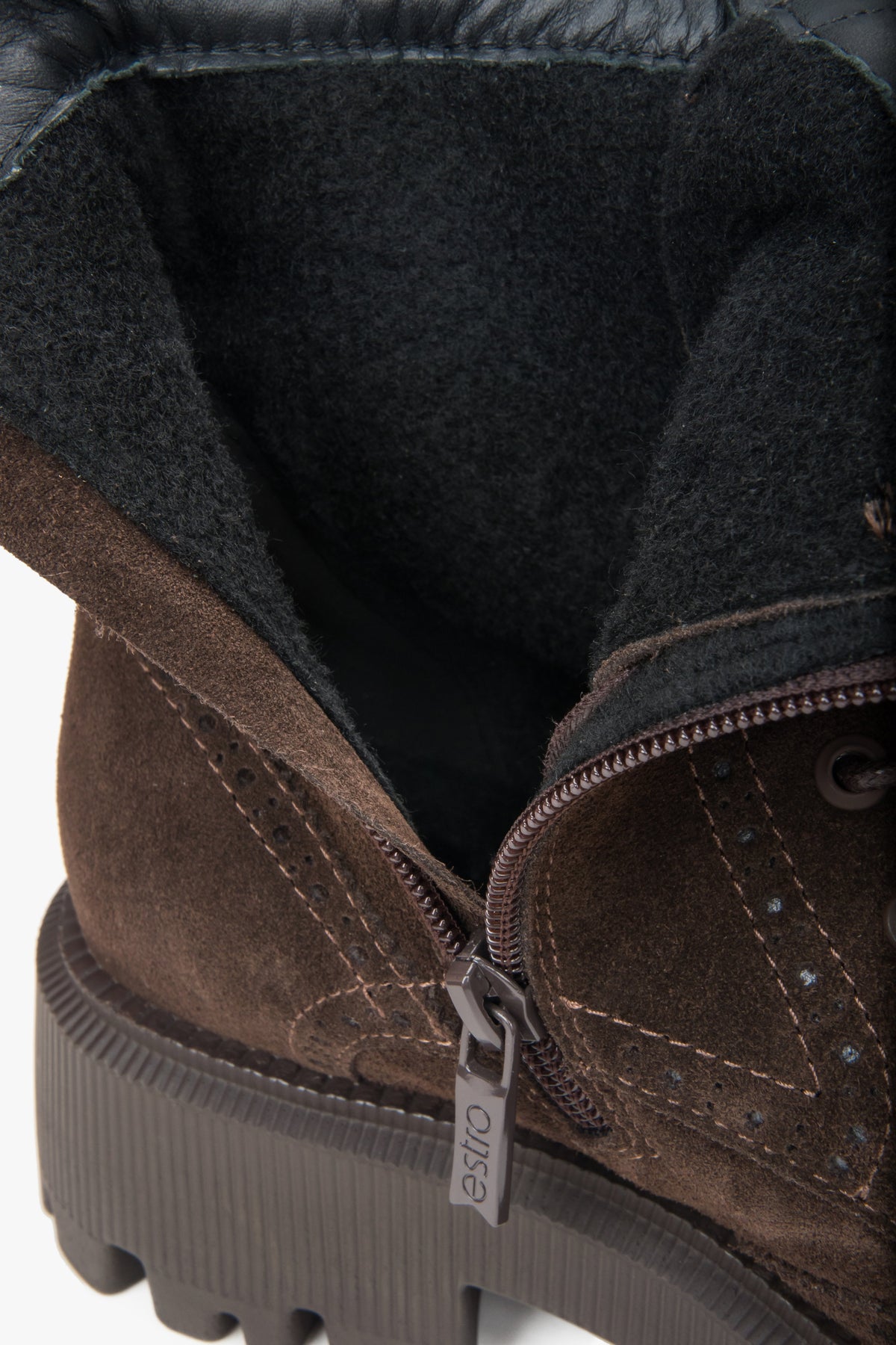 Women’s dark brown ankle boots by Estro, lace-up style made from exclusive Italian suede leather — interior details.