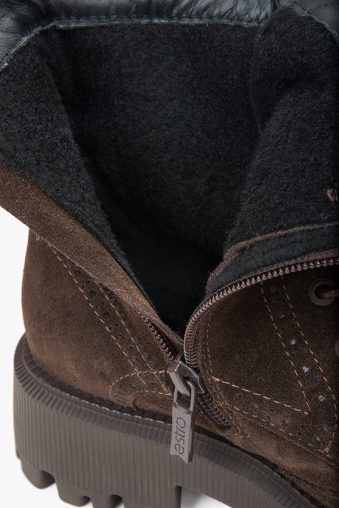 Women’s dark brown ankle boots by Estro, lace-up style made from exclusive Italian suede leather — interior details.