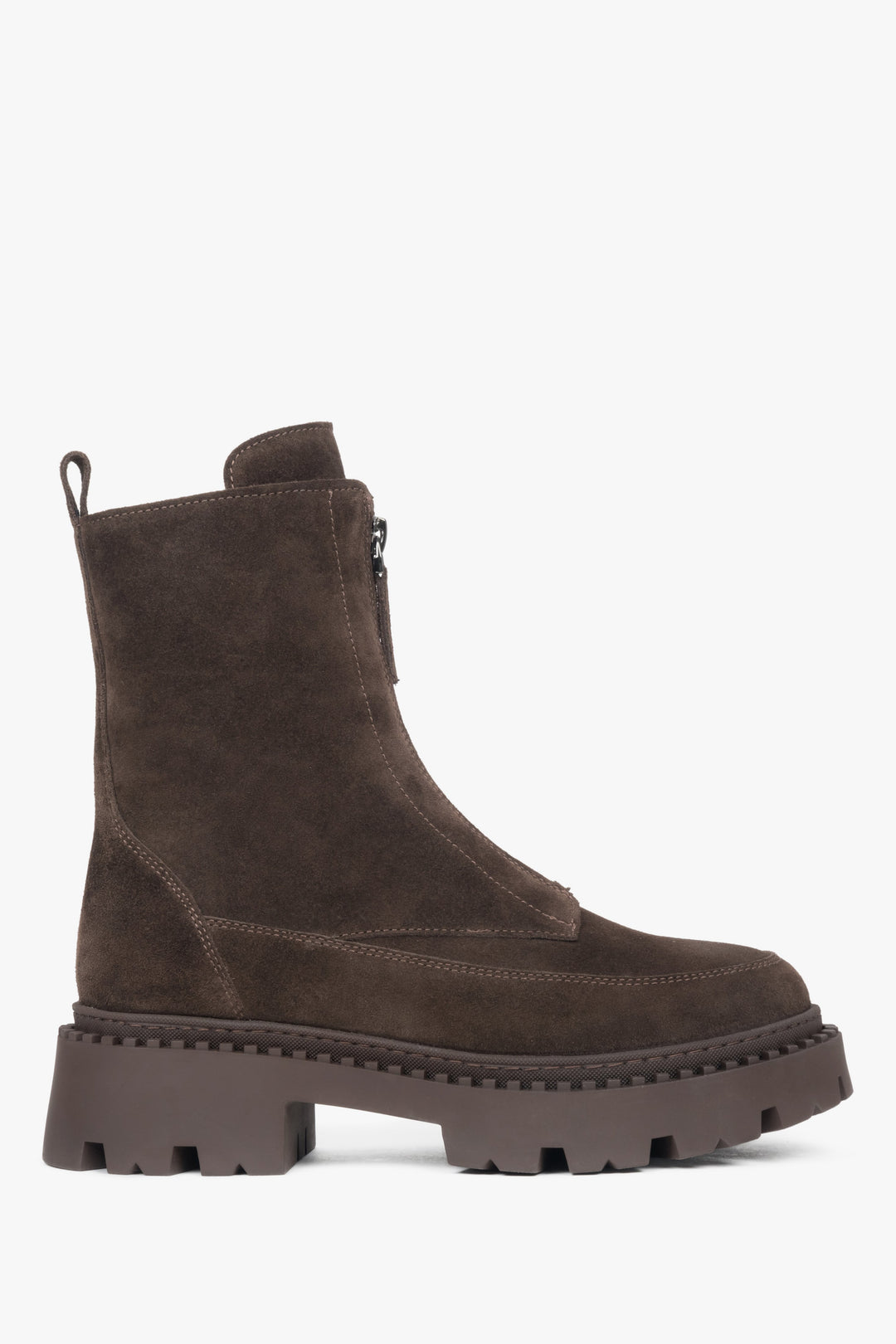 Dark brown women's ankle boots by Estro, made of premium Italian genuine velour with light insulation.