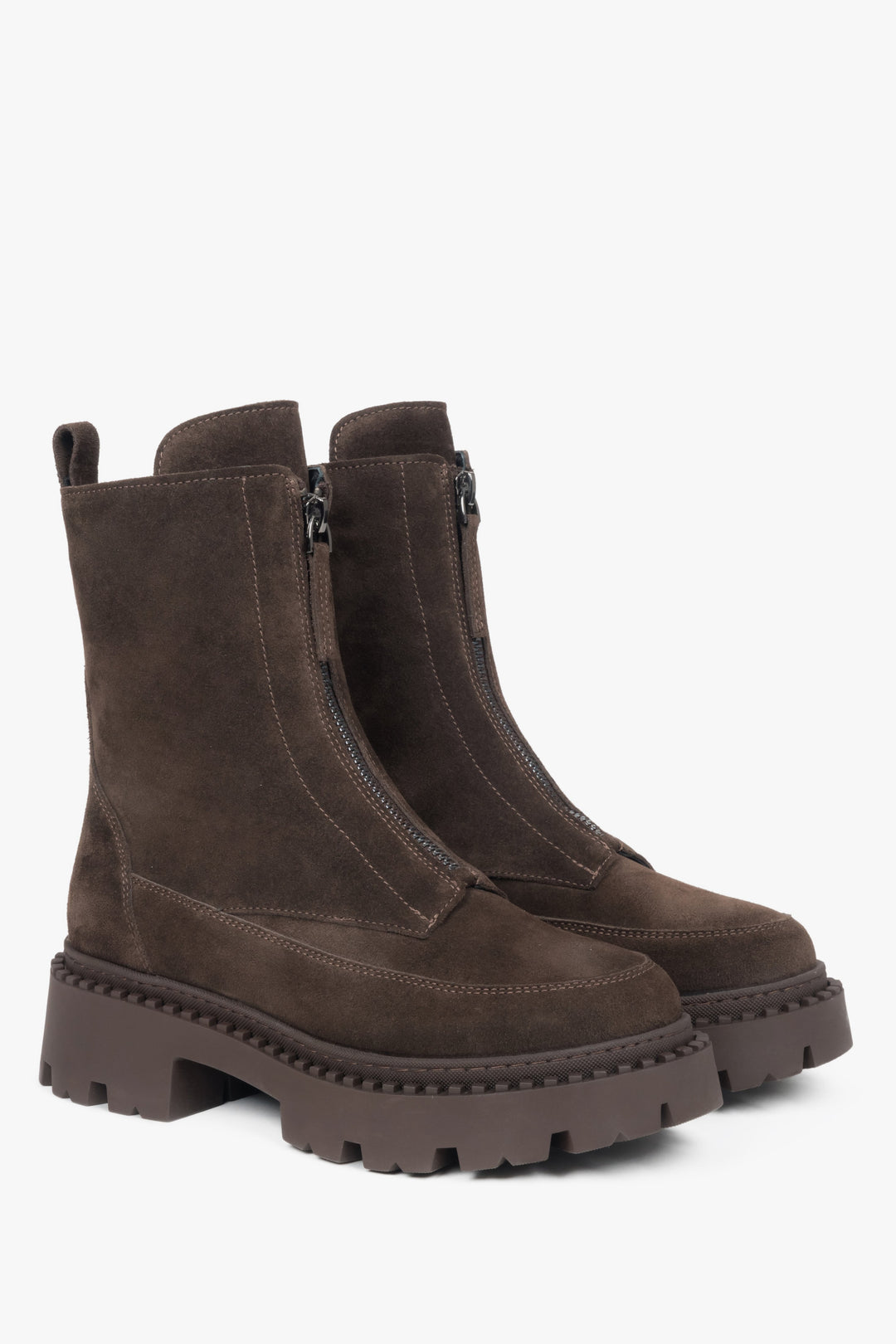 Dark brown women's ankle boots by Estro, made of Italian genuine premium velour with light insulation.