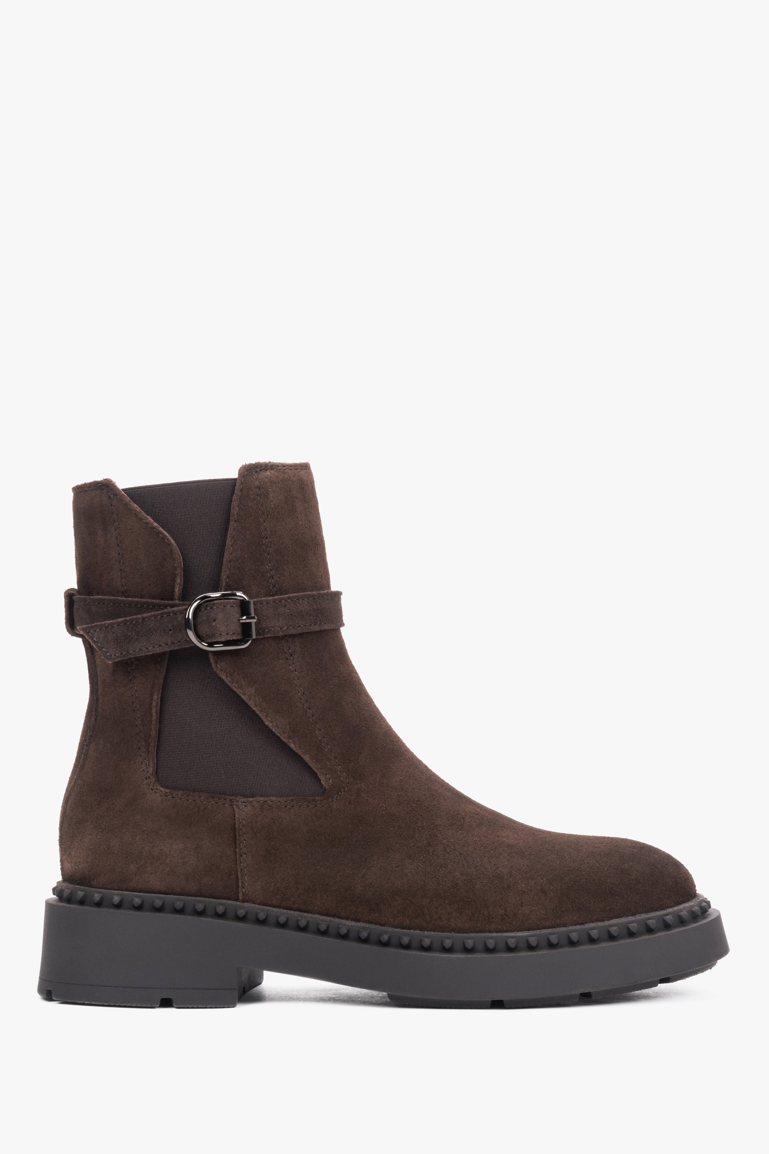 Women's Dark Brown Ankle Boots with Decorative Strap made of Premium Italian Velour Estro ER00120691.