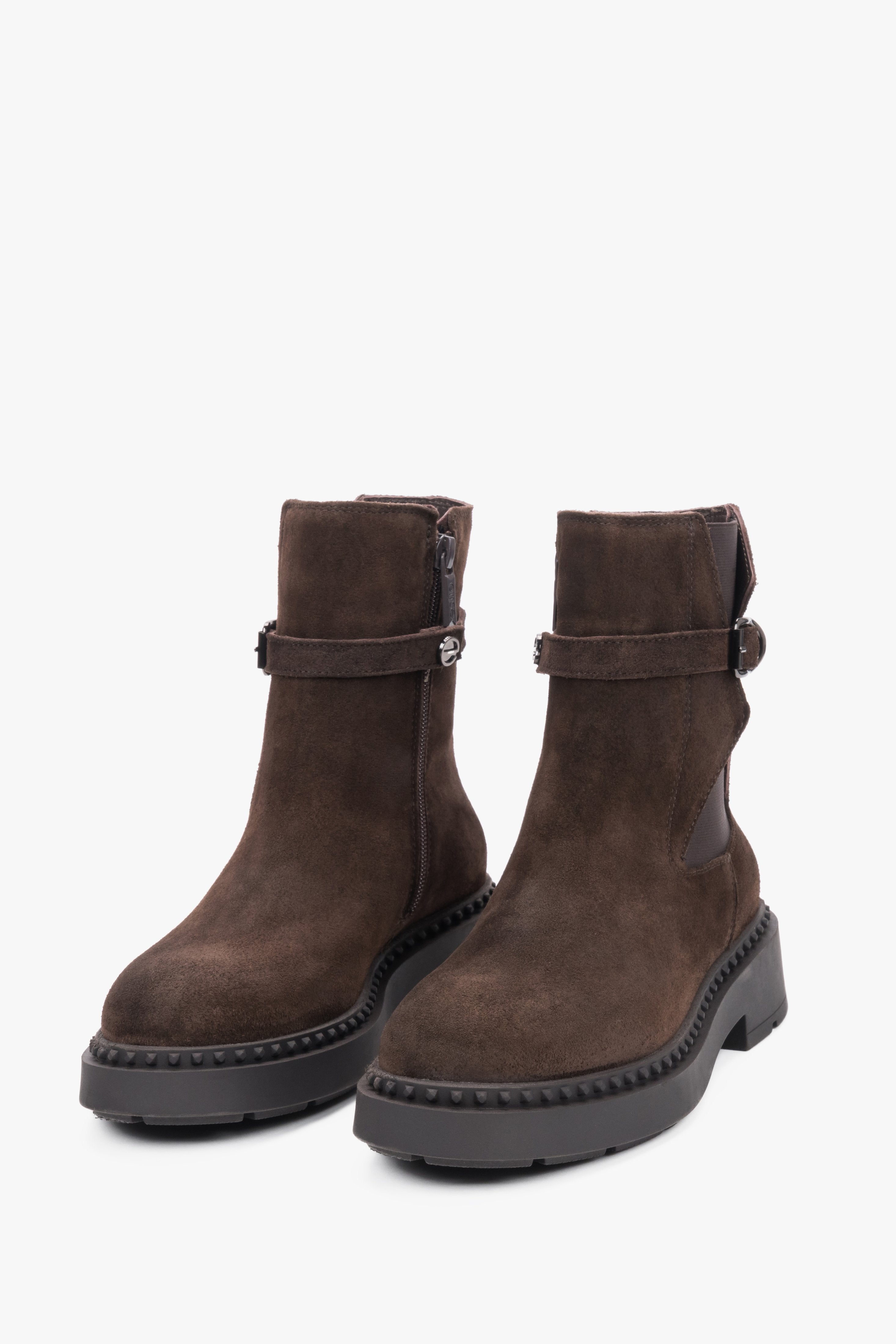 Estro women's ankle boots in dark brown natural suede, adorned with a stylish strap.