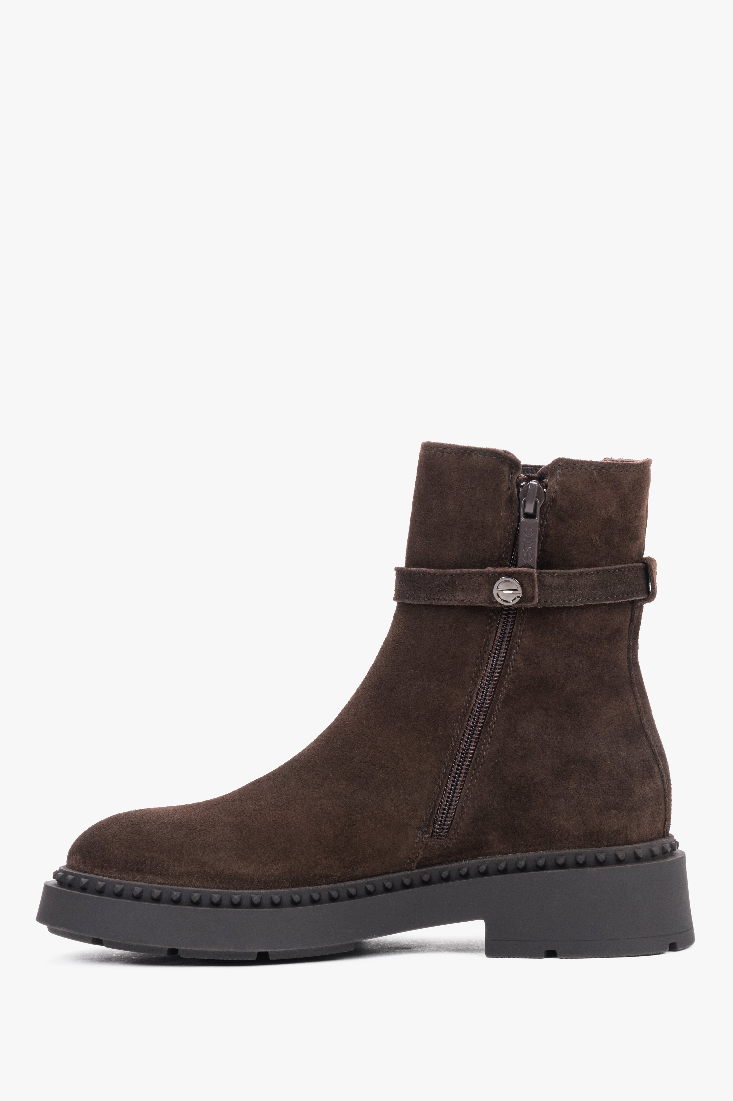 Dark brown women's ankle boots with a decorative strap, crafted from premium Italian natural velour by Estro.