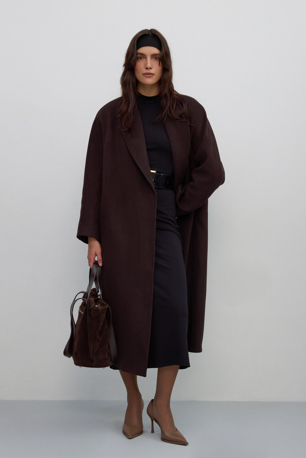 Women's Dark Brown Belted Bucket Coat with Wide Lapels Estro ER00117064.