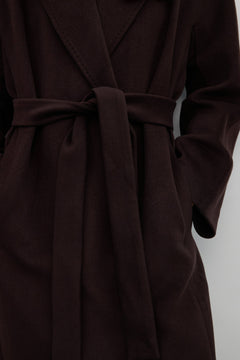 Tie-waist dark brown bucket coat with wide lapels, Estro.