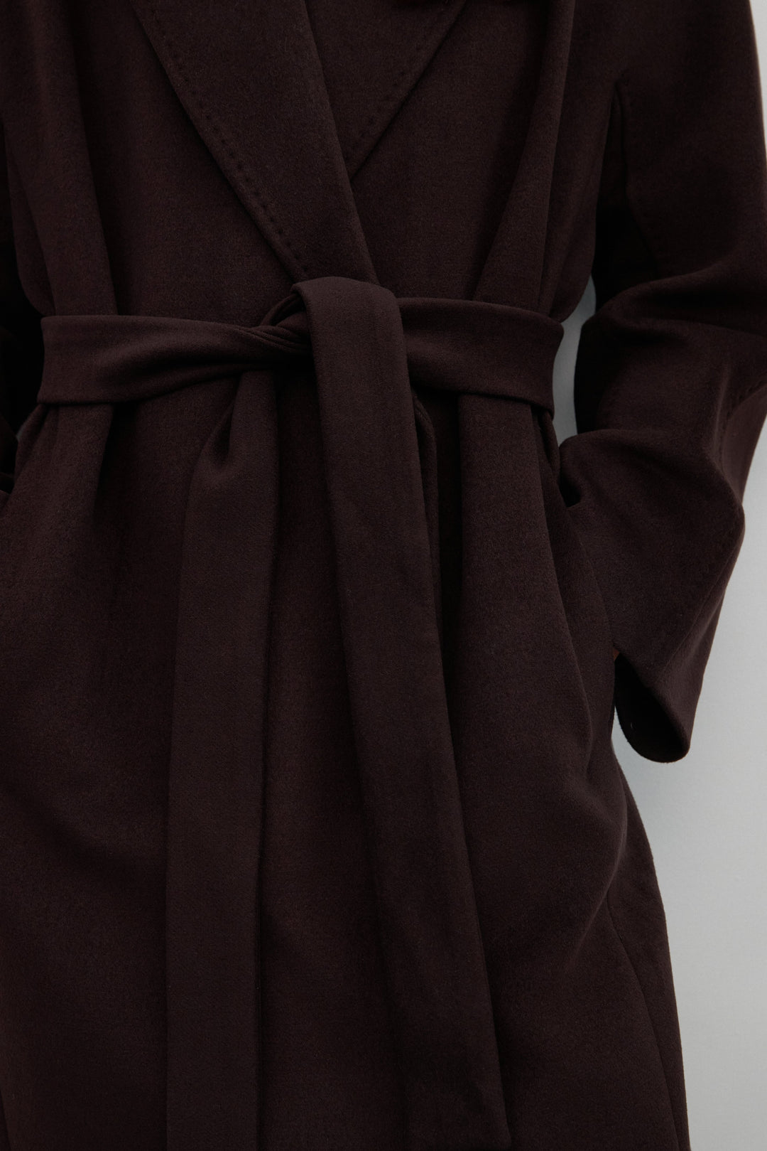 Tie-waist dark brown bucket coat with wide lapels, Estro.