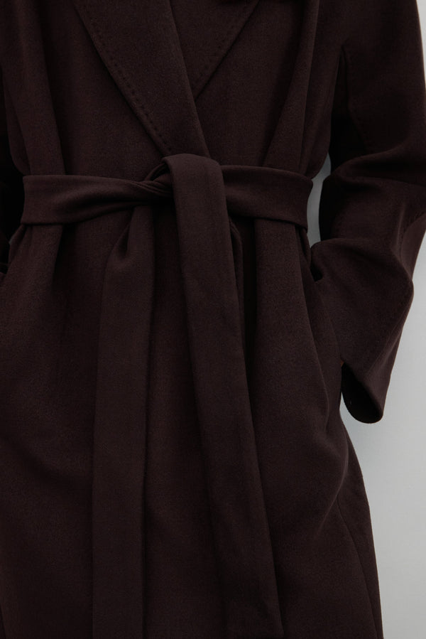 Tie-waist dark brown bucket coat with wide lapels, Estro.