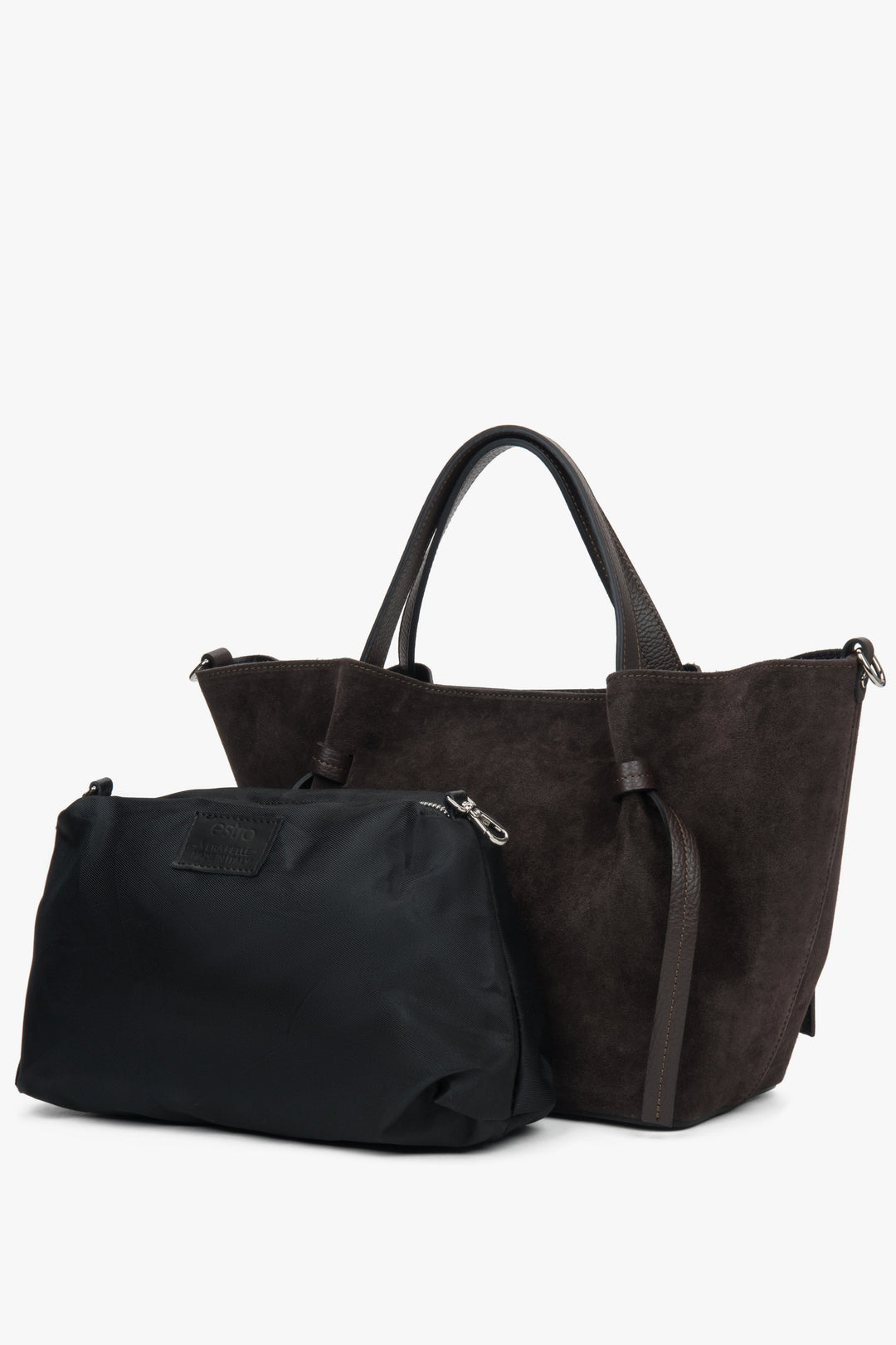 Elegant dark brown boat bag made of natural Italian premium velour from Estro, model ER00118158.