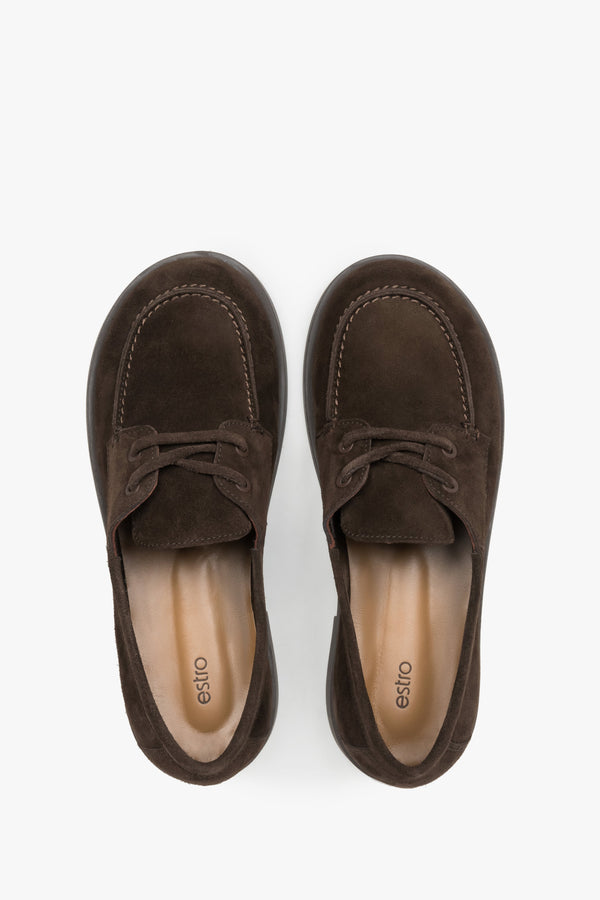 Women's loafers in a nautical style, dark brown, crafted from premium natural Italian velour, Estro.