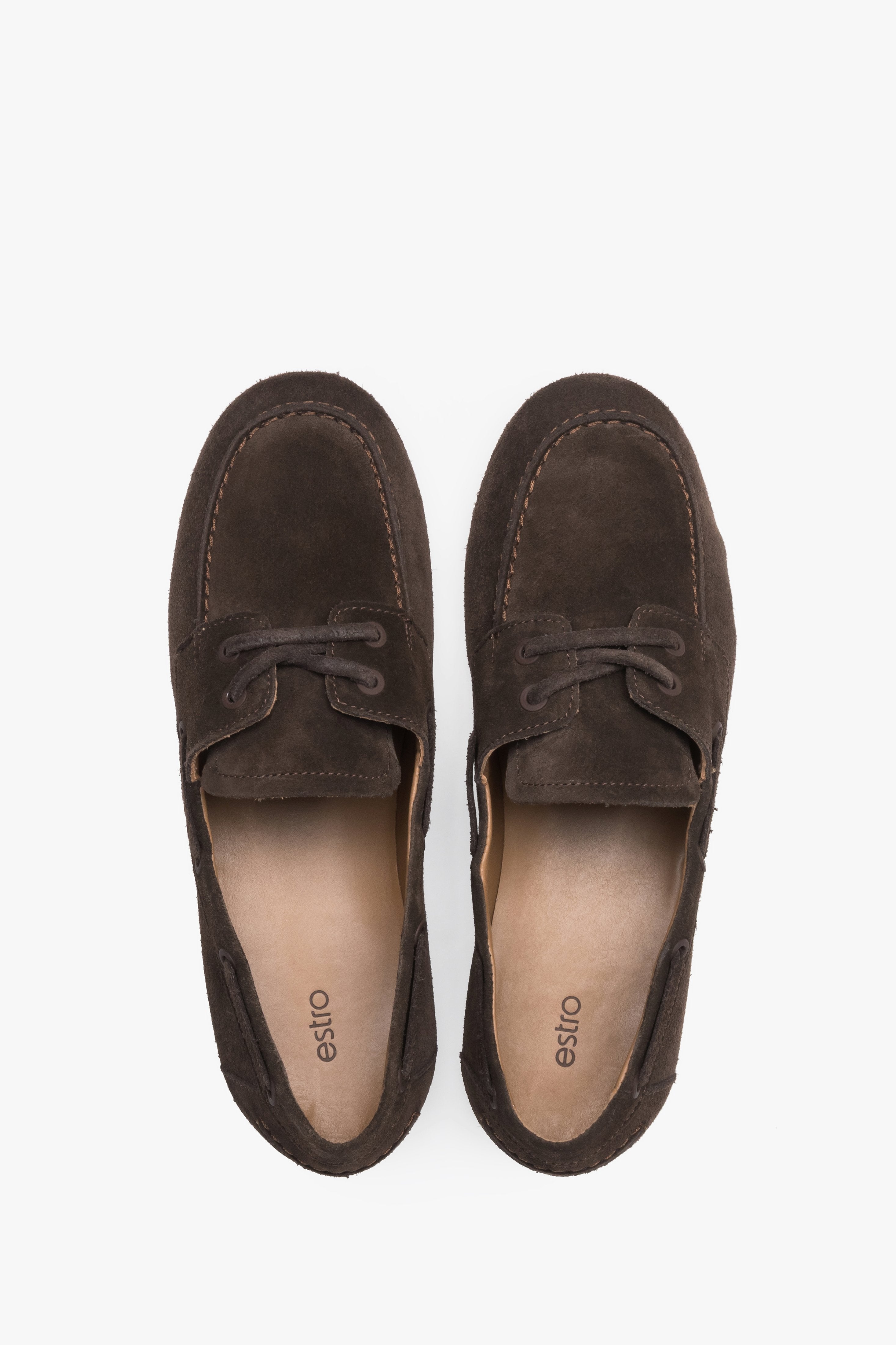 Women’s dark brown boat-style loafers made from premium Italian velour leather, Estro.