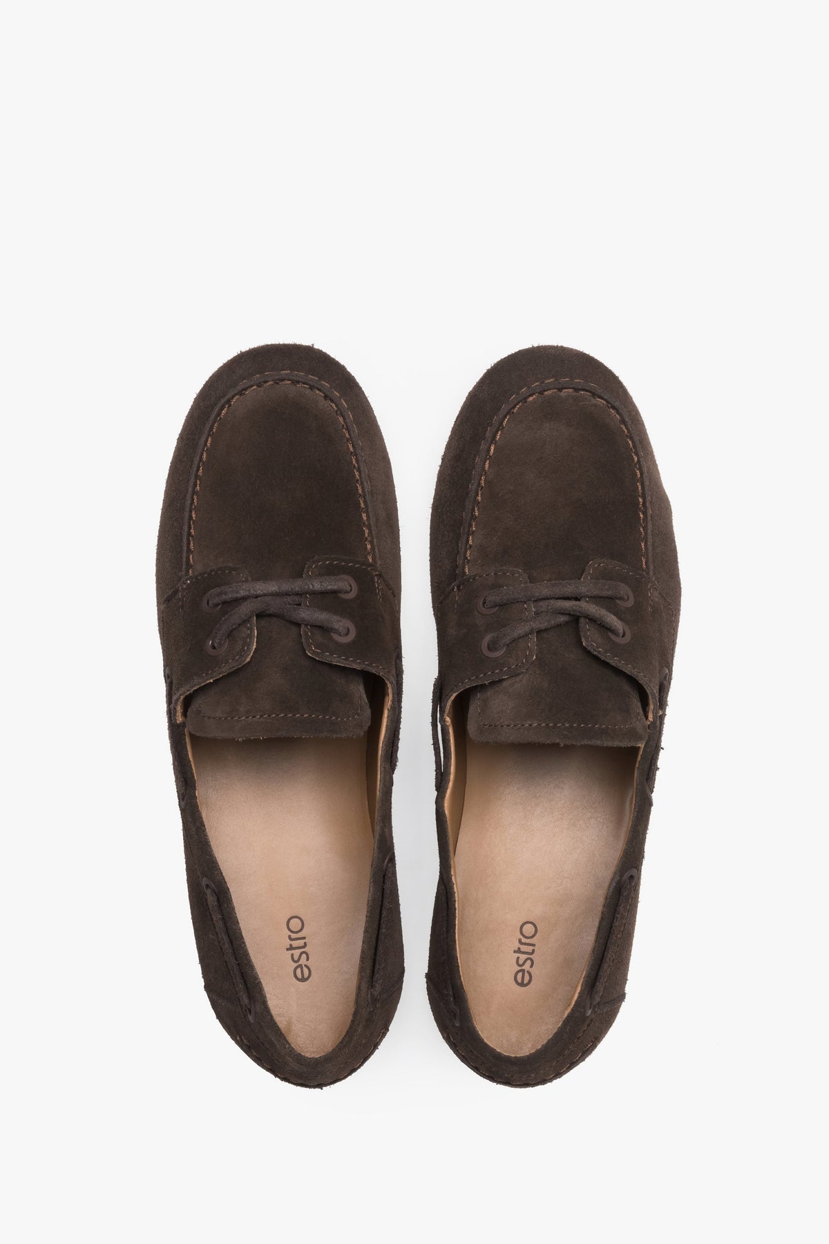 Women’s dark brown boat-style loafers made from premium Italian velour leather, Estro.