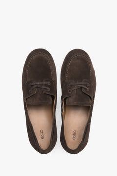 Women’s dark brown boat-style loafers made from premium Italian velour leather, Estro.
