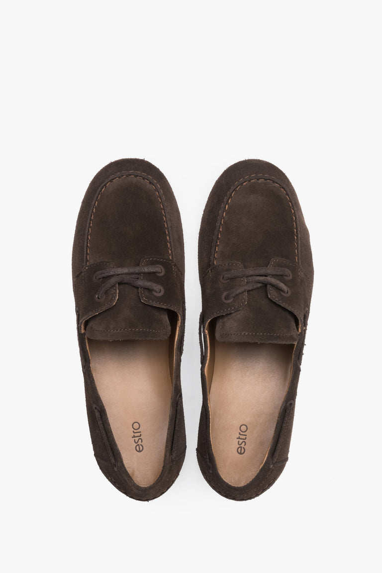 Women’s dark brown boat-style loafers made from premium Italian velour leather, Estro.