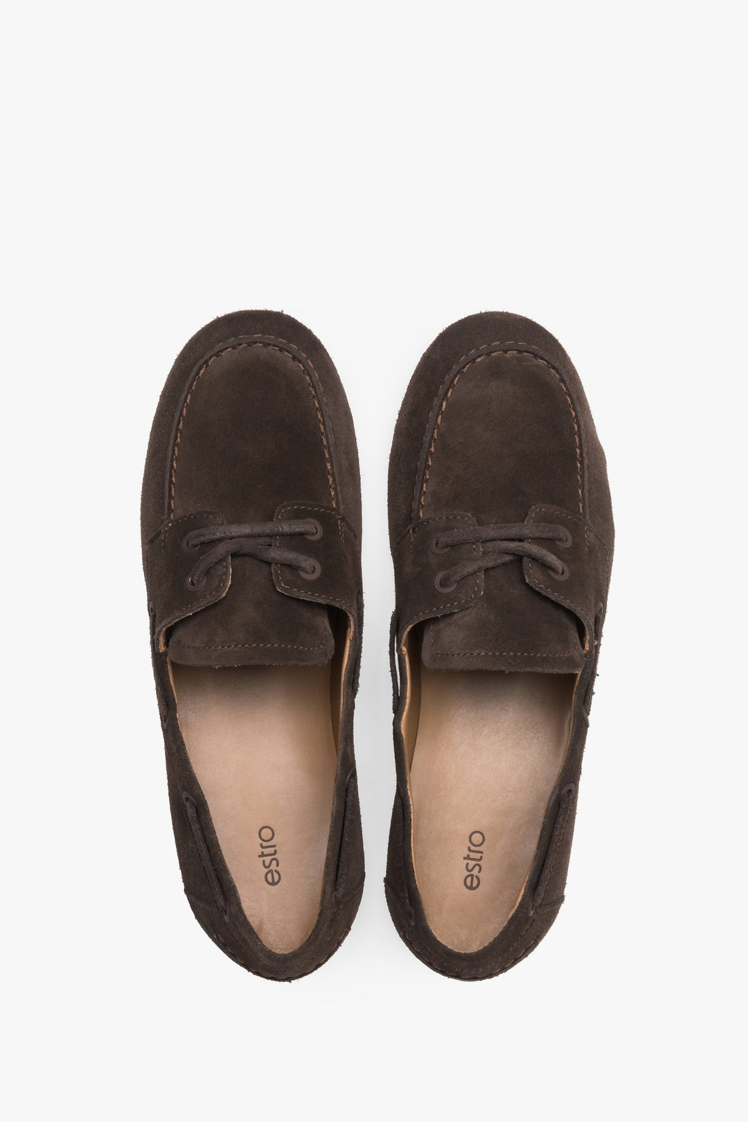 Women’s dark brown boat-style loafers made from premium Italian velour leather, Estro.