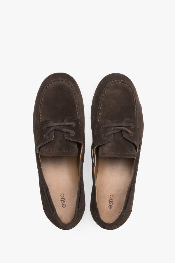 Women’s dark brown boat-style loafers made from premium Italian velour leather, Estro.