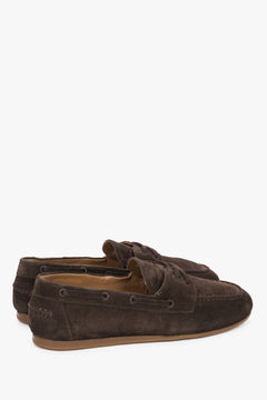 Women’s dark brown boat-style loafers by Estro, made from premium Italian velour leather.