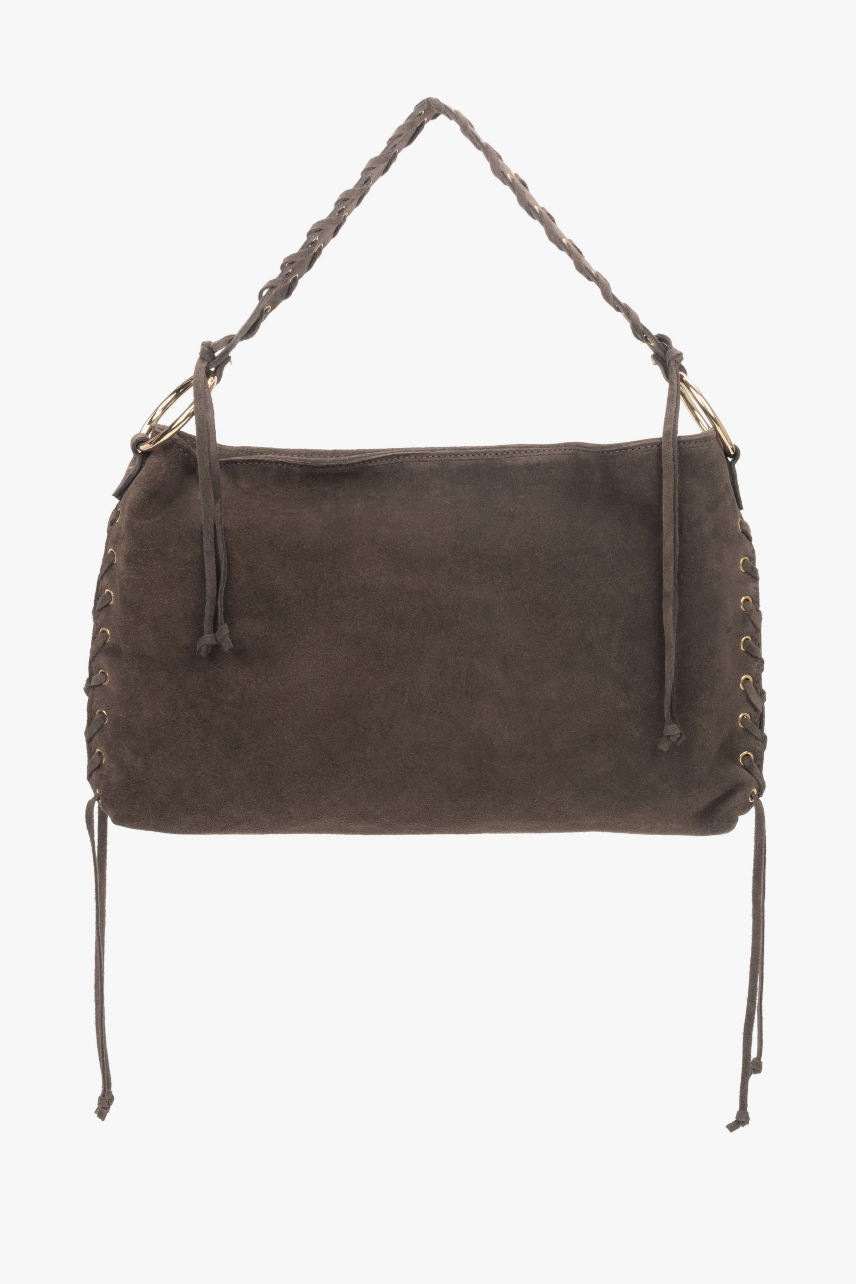 Women's Dark Brown Boho Bag with Braided Handle made of Premium Genuine Italian Velour Estro ER00118155.