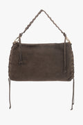 Women's Dark Brown Boho Bag with Braided Handle made of Premium Genuine Italian Velour Estro ER00118155.