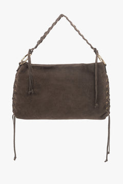 Women's Dark Brown Boho Bag with Braided Handle made of Premium Genuine Italian Velour Estro ER00118155.