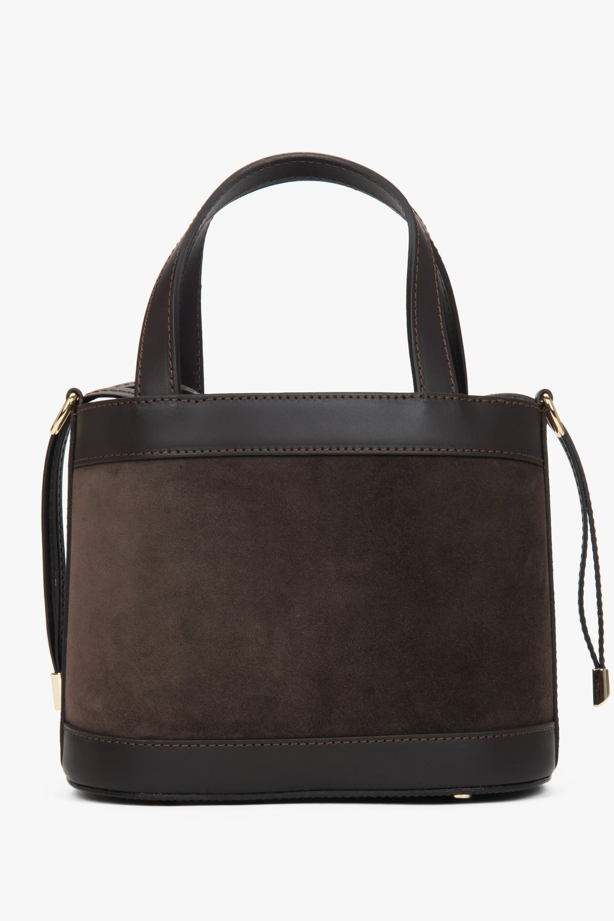Dark brown women’s box-shaped handbag by Estro, made of Italian genuine velour and leather.