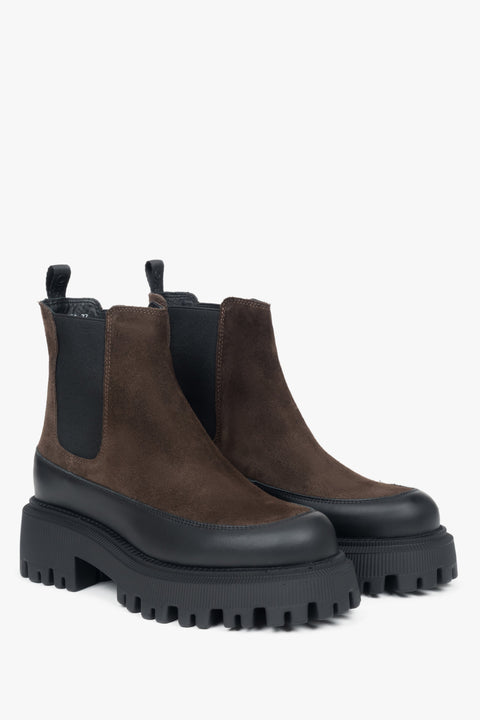 Elevated women's Chelsea boots by Estro, made of top-quality dark brown premium genuine velour.