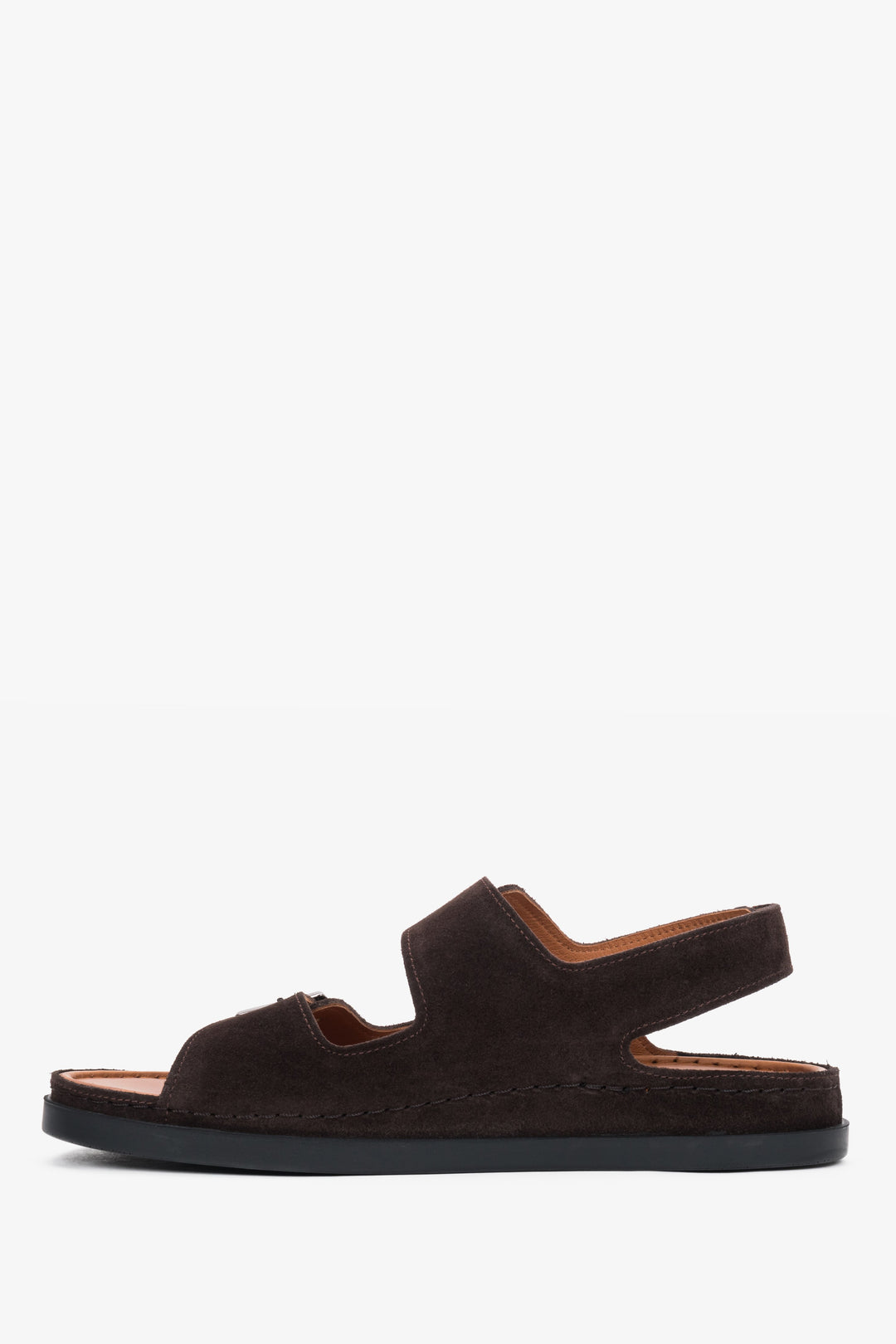 Dark brown women’s Estro comfort velour sandals with adjustable straps.