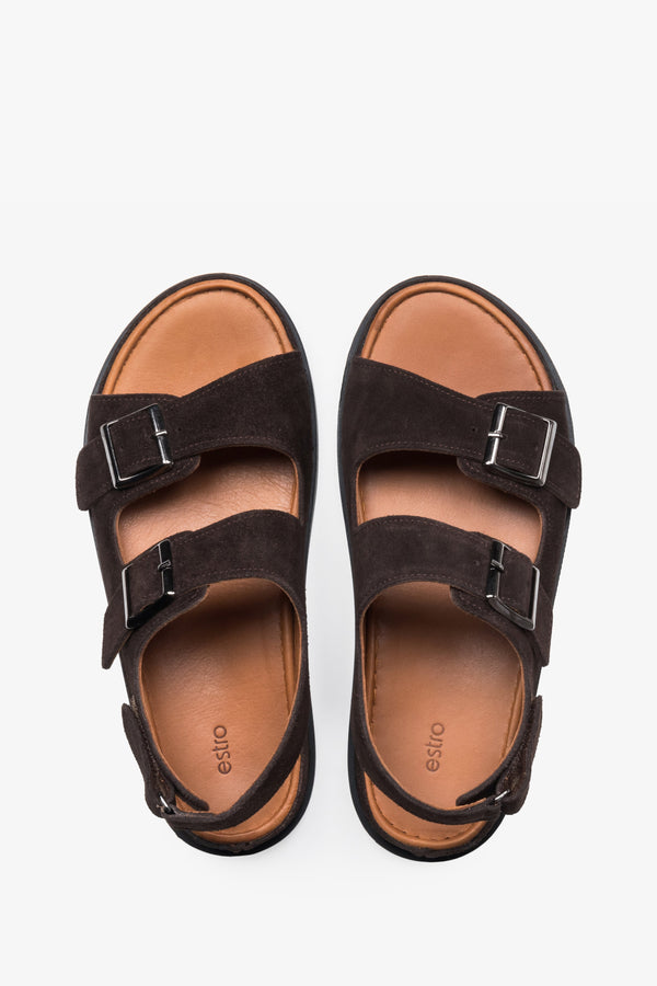 Women’s comfort sandals, dark brown, velour, with adjustable straps, Estro.