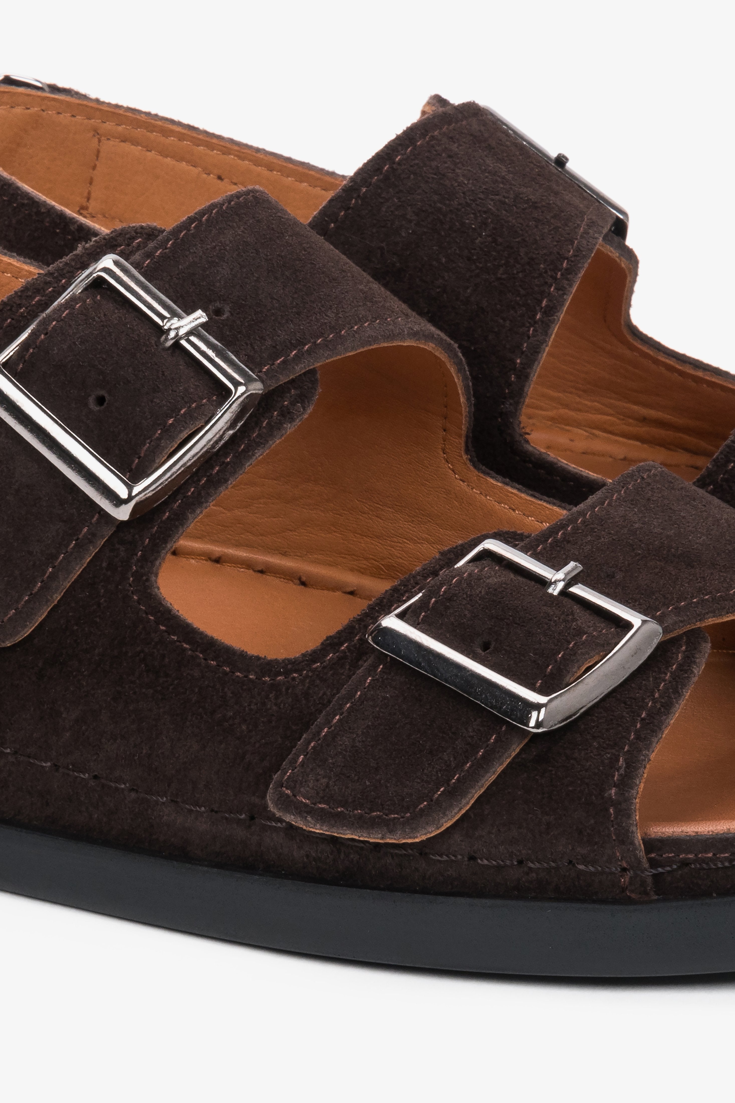 Dark brown women’s Estro comfort sandals, suede, with adjustable straps.