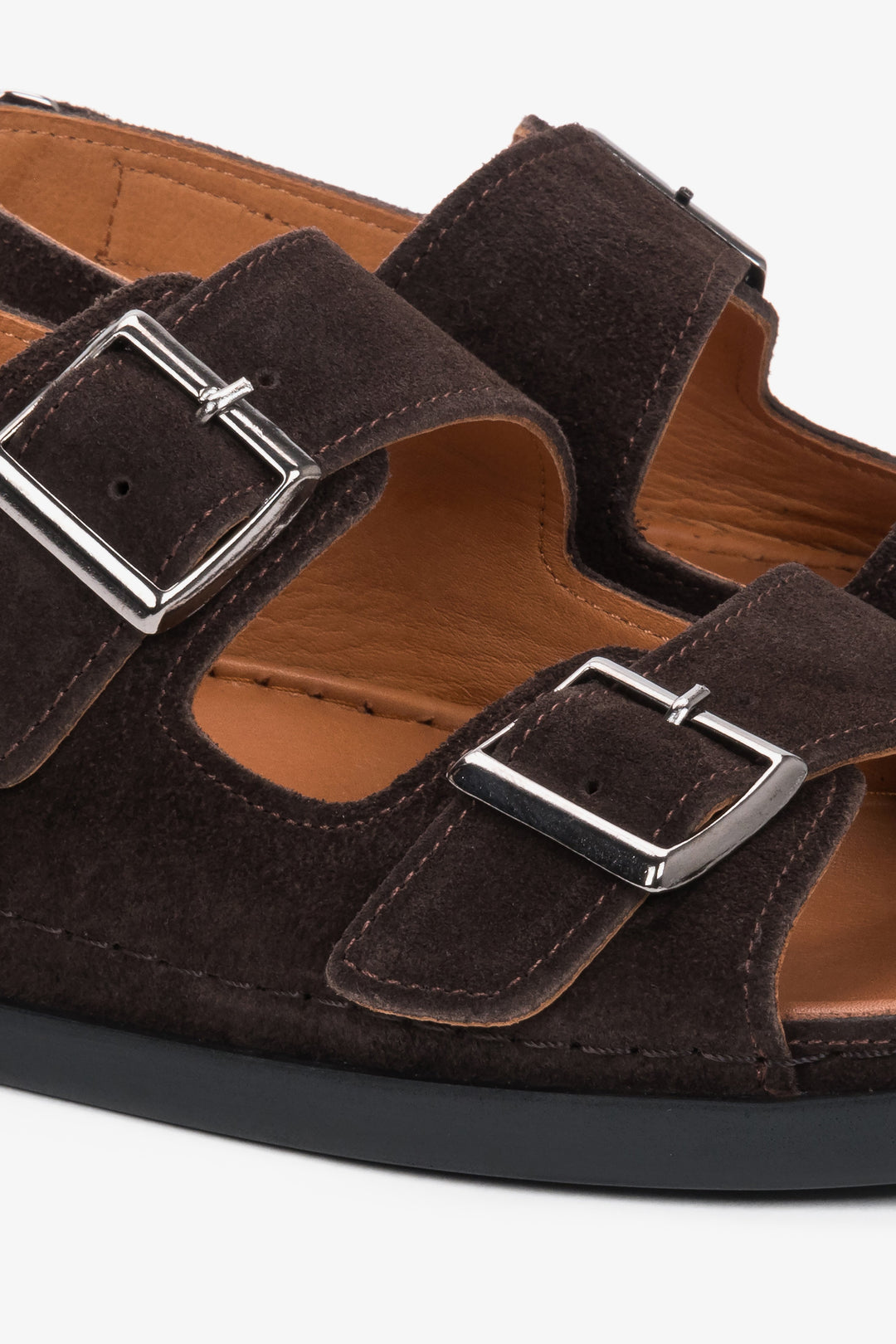 Dark brown women’s Estro comfort sandals, suede, with adjustable straps.
